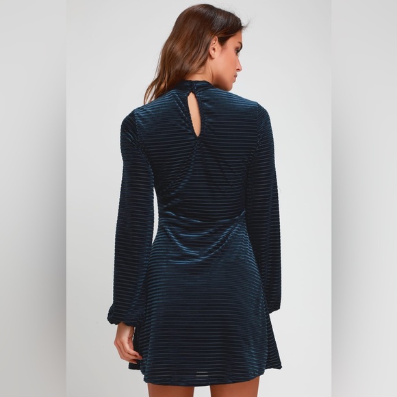 Lulus Ticket to Chic Navy Blue Striped Velvet Balloon Sleeve Dress - Picture 5 of 13